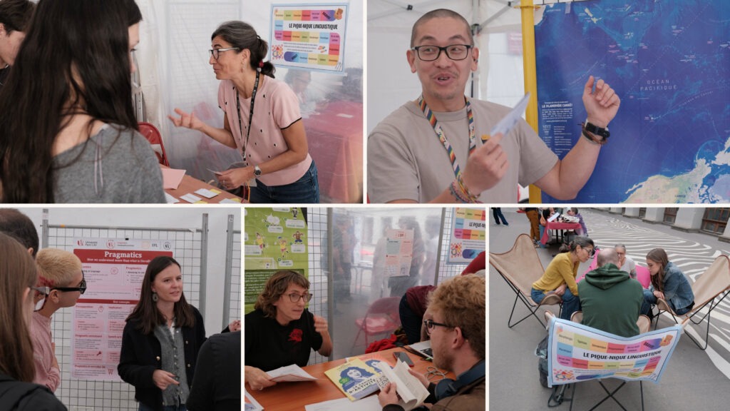 Montage de cinq photos d’ateliers de la Fête de la Science 2026 : le Pique-nique linguistique, le planisphère carré, la pragmatique et la grammaire ludique.